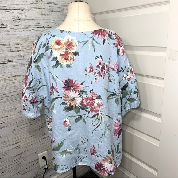 Bella Umbra Linen Blouse Sz M Blue Aqua Floral Tropical Ruffle Sleeves Top Italy - Picture 5 of 11